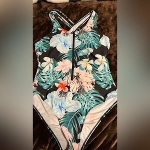 SHEIN Slayr Plus Tropical Print Zipper Crisscross Back One Piece Swims 1XL zip